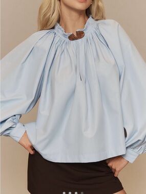 Maeve Light Blue Smocked-Neck Puff Sleeve Blouse